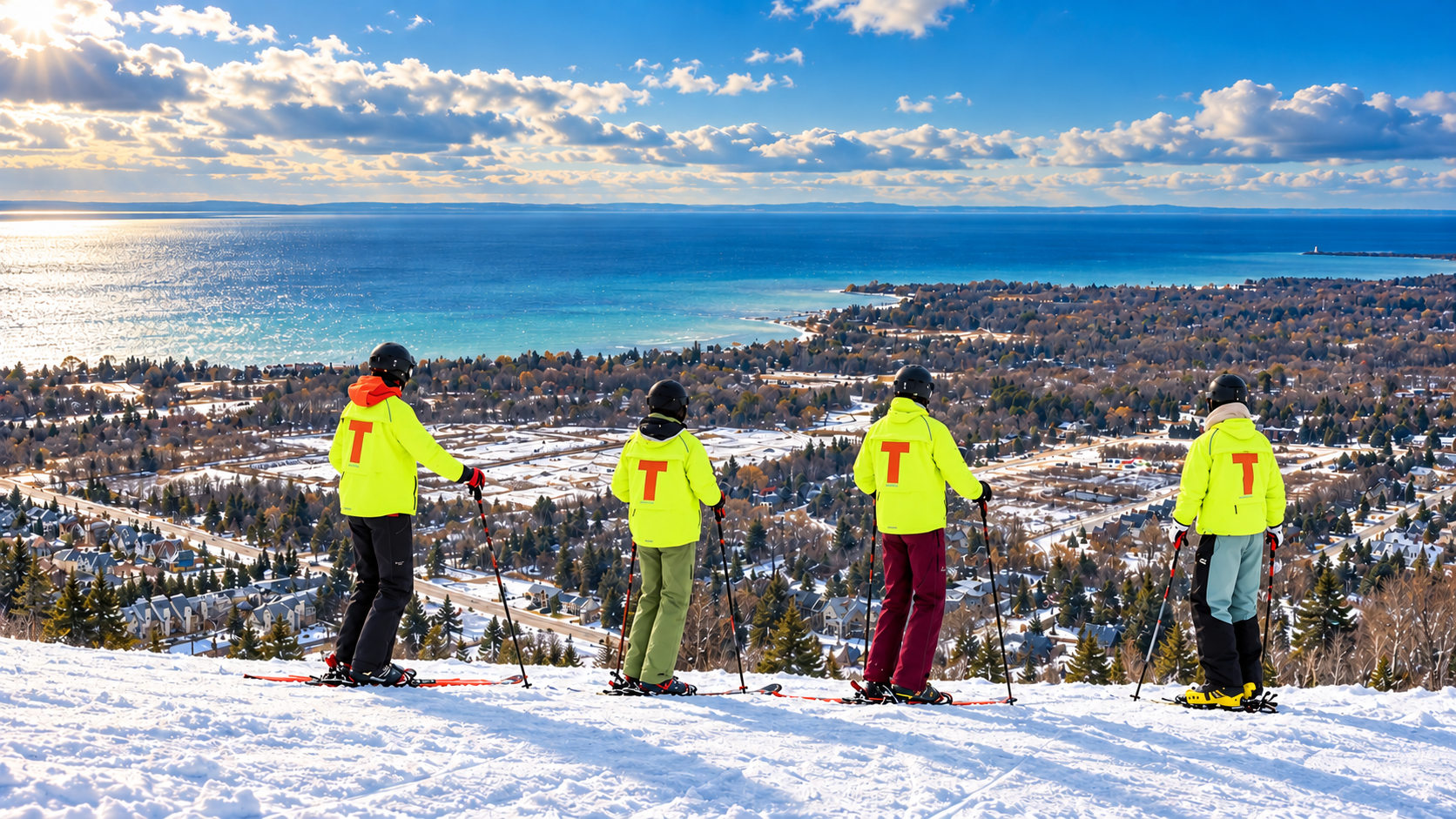 Four instructors in bright green uniforms looking out over the lake at Blue Mountain